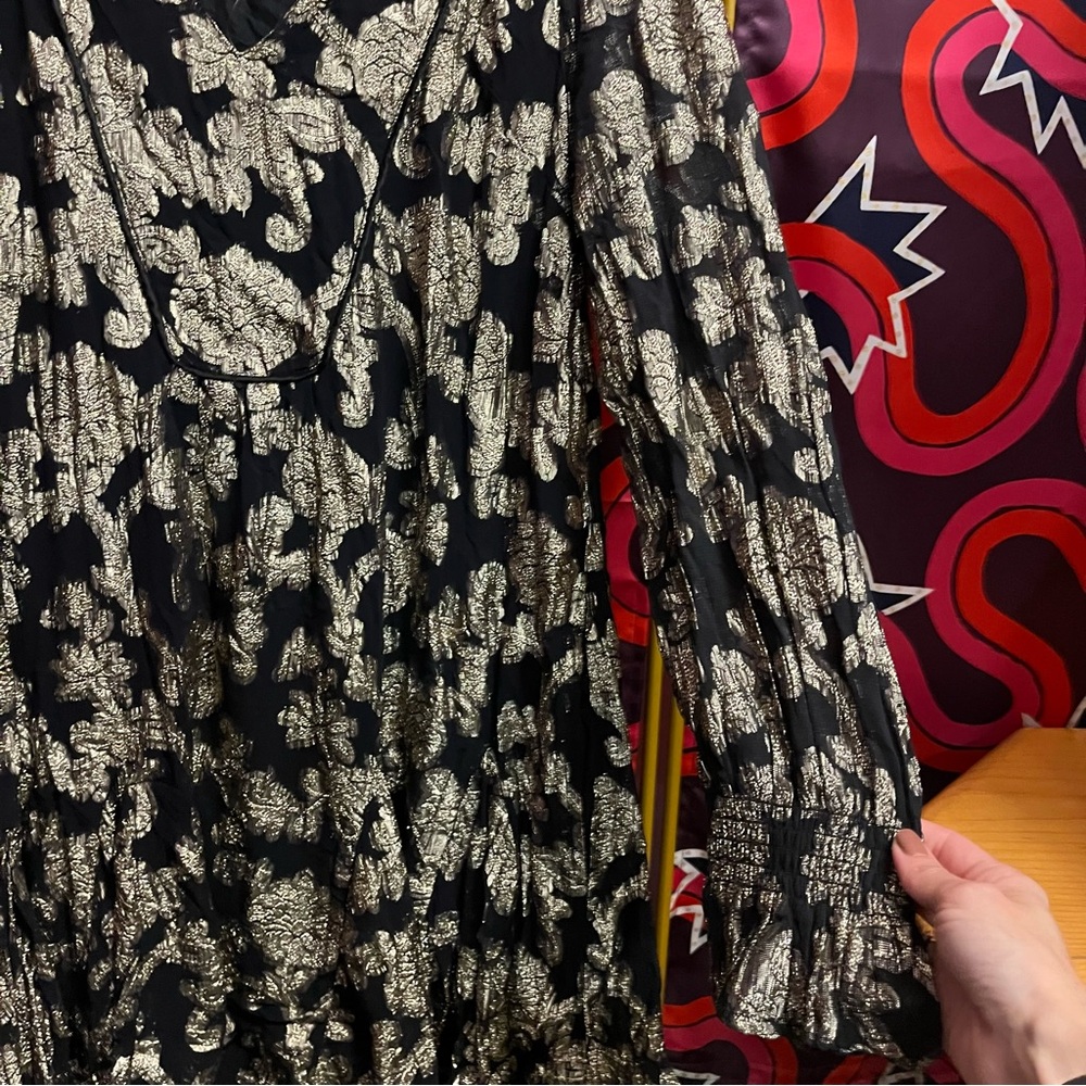 NWT by Anthropologie Metallic Gold Black Foil Mini Tunic Long Sleeve Dress Mesh - Picture 5 of 12